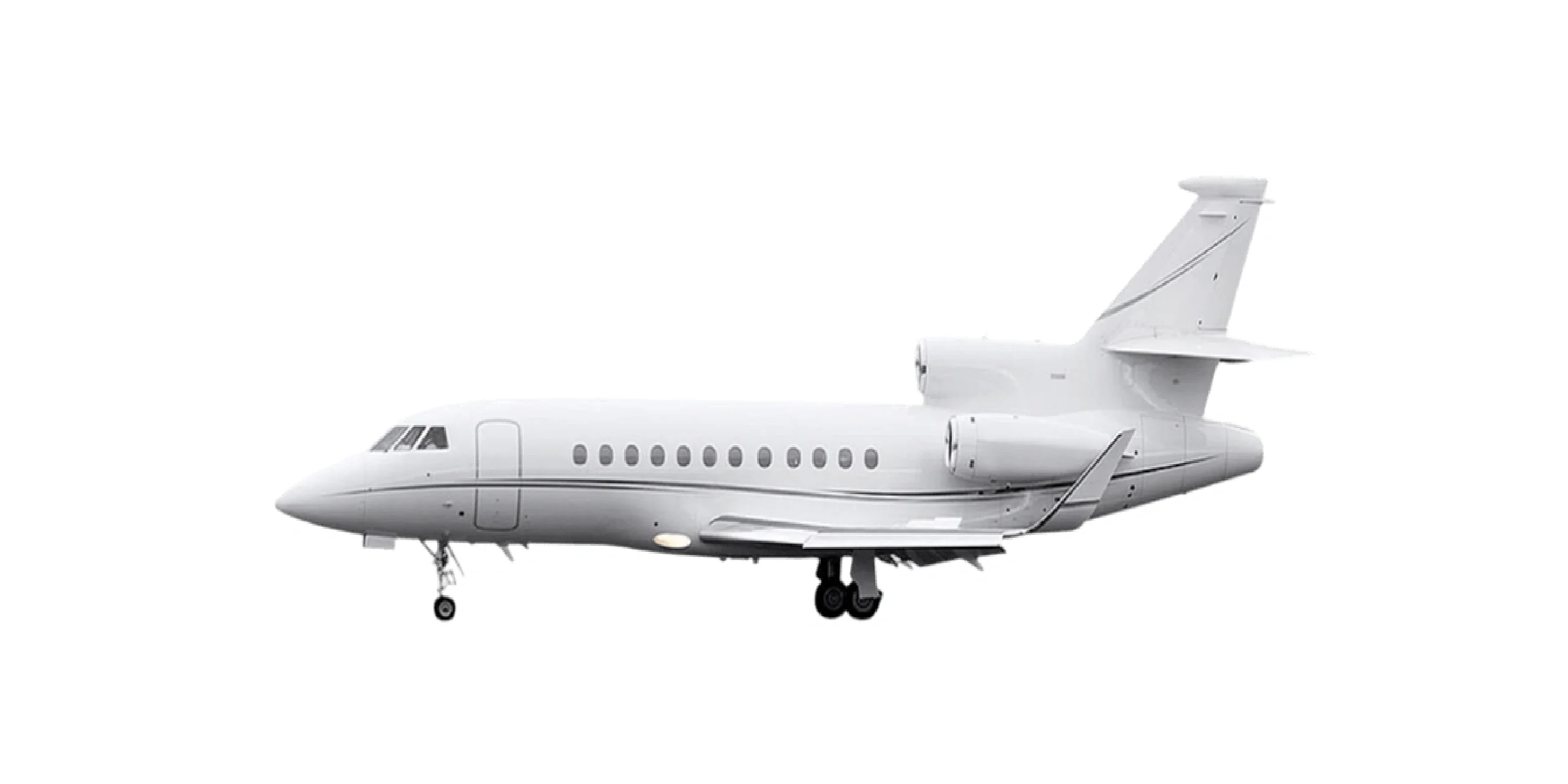 A sleek white private jet on a white background.