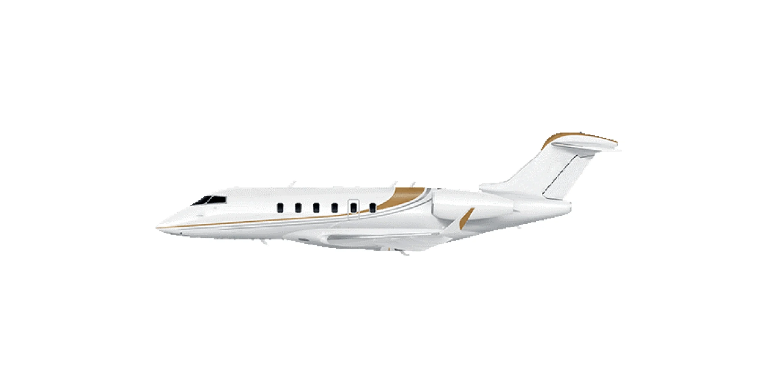 Sleek white private jet with gold accents on a white background.