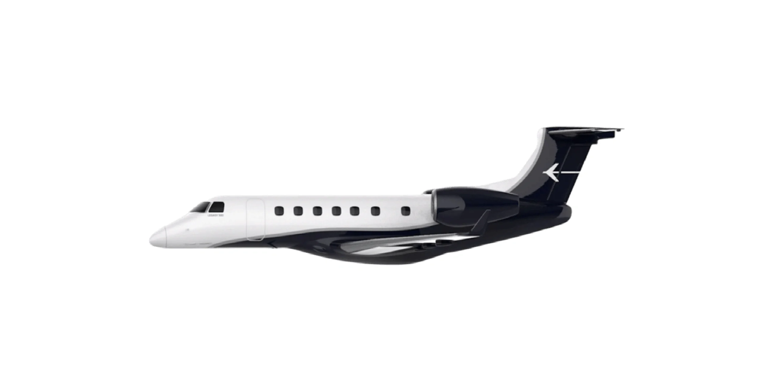 Sleek black and white private jet on a white background.