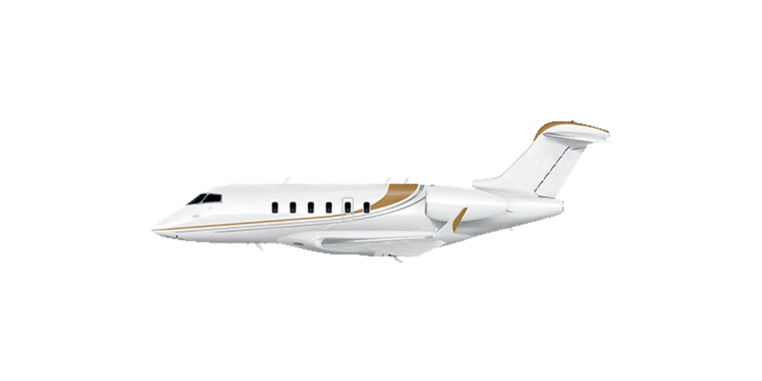 A sleek private jet with white and gold accents.
