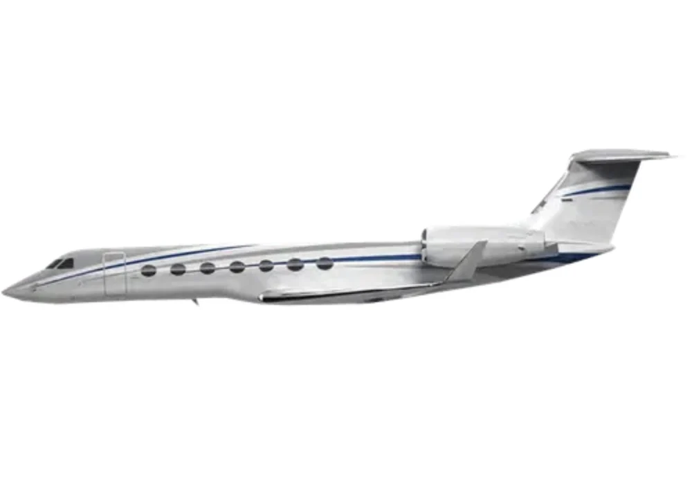 Sleek white private jet with blue accents on a white background.