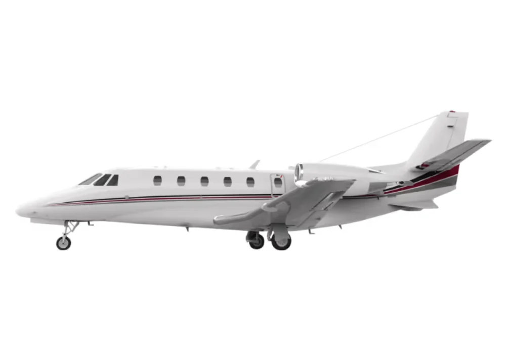 A private jet flying against a white background.